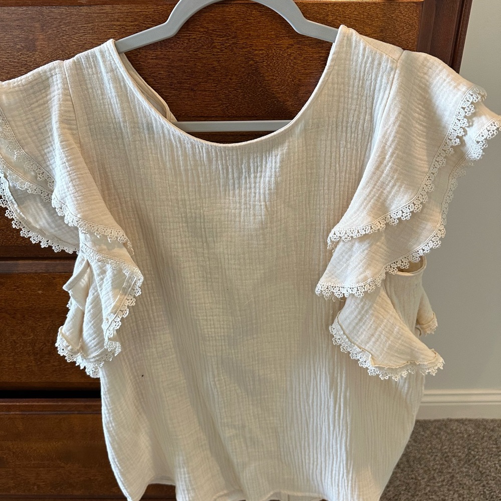 Mittoshop Cream Flutter Sleeve Blouse with Ruffled Details